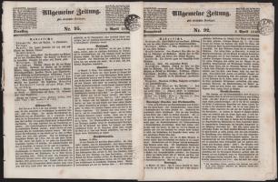 1842 az Allgemeine Zeitung c. német nyelvű hírlap 4 db száma, szignettával