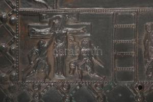 cca 19. sz., Rézlemez kép Jézus életének jeleneteivel, rajta felfogatólyuk, patina, 32x25 cm