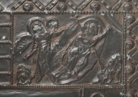 cca 19. sz., Rézlemez kép Jézus életének jeleneteivel, rajta felfogatólyuk, patina, 32x25 cm