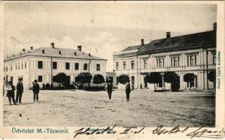 1905 Técső, Tiacevo, Tiachiv, Tyachiv; Fő tér, üzletek, Takarékpénztár. Szabó Lipót kiadása / main s...