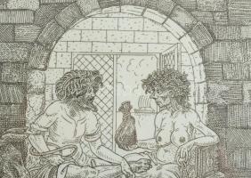 Orosz István (1951-): A Bolondok Hajója LIII. Rézkarc, papír, jelzett és számozott (60/150) a paszpa...