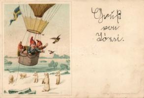 1899 Dwarfs in Hot air balloon litho