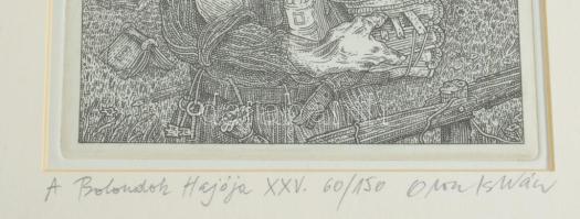 Orosz István (1951-): A Bolondok Hajója XXV. Rézkarc, papír, jelzett és számozott (60/150) a paszpar...