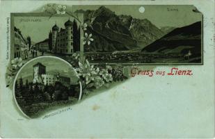 1901 Lienz (Tirol), Stadtplatz, Schloss Bruck / square, castle at night in moonlight. Louis Glaser A...