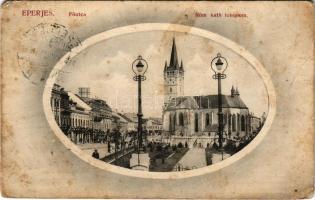 1913 Eperjes, Presov; Római katolikus templom, Fő utca részlet. Divald Károly Fia kiadása / Catholic...