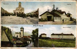 1956 Poprád, Poprad (Tátra, Vísoké Tatry); tér, vasútállomás, új laktanya, régi harangtorony / námes...