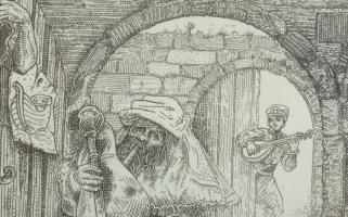 Orosz István (1951-): A Bolondok Hajója LV. Rézkarc, papír, jelzett és számozott (60/150) a paszpart...