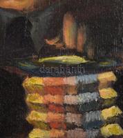 Olvashatatlan (Remsey?) jelzéssel: Lámpafénynél. Olaj, karton. Dekoratív, sérült fakeretben. 31x24 c...