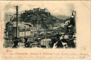 1899 Salzburg, Gruss vom Elektrischen Aufzug in Salzburg / electric elevator, restaurant terrace wit...