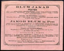 Blum Jakab Pesten szállító és begyöngyölő 3 nyelvű reklámlapja, 12,5x15,5 cm