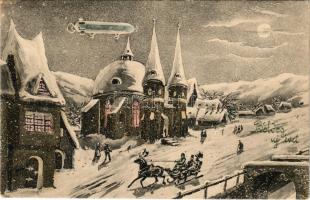 Boldog Újévet! / New Year greeting card, winter landscape with airship, snow. V. K. Vienne 5139