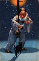 1913 Cat and Clown art postcard. H. Ch. Vienne, H. Christ Nr. 182. litho