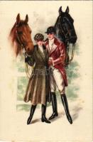 Love couple with horses art postcard