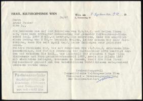 1959 Israelitische Kultusgemeinde Wien (bécsi zsidó hitközség) német nyelvű levele Pauker Árpád rész...