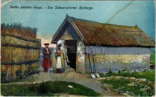 1921 Hortobágy, Sertés pásztor tanya, magyar folklór (Rb)