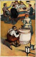 Italozó társaság művészlap / drinking people art postcard (vágott / cut)