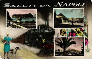 1936 Napoli, Naples; Saluti, Piazza Plebiscito, Piazza Municipio, Posillipo / multi-view postcard wi...