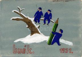 BUÉK 1951. Egyedi, kézzel festett képeslap / Unique hand-painted New Year greeting art postcard s: C...