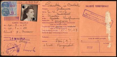 1949 Francia Köztársaság ideiglenes tartózkodási engedélye magyar személy (Pauker Julianna) részére,...