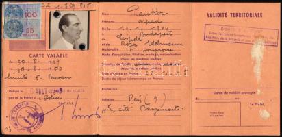 1949 Francia Köztársaság ideiglenes tartózkodási engedélye magyar személy (Pauker Árpád) részére, fé...