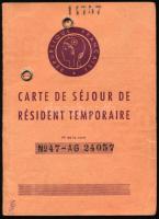 1949 Francia Köztársaság ideiglenes tartózkodási engedélye magyar személy (Pauker Árpád) részére, fé...