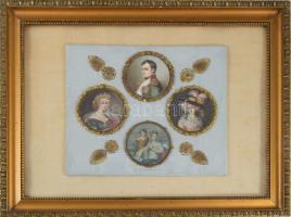 Bonaparte Napóleon és családja miniatúra sorozat aranyozott fém keretekben, Selyemmel bevont kartono...