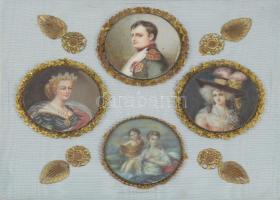 Bonaparte Napóleon és családja miniatúra sorozat aranyozott fém keretekben, Selyemmel bevont kartono...