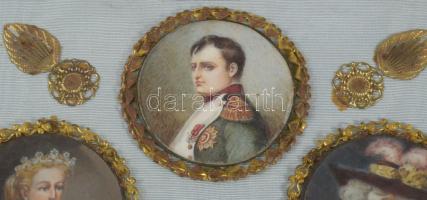 Bonaparte Napóleon és családja miniatúra sorozat aranyozott fém keretekben, Selyemmel bevont kartono...
