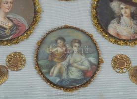 Bonaparte Napóleon és családja miniatúra sorozat aranyozott fém keretekben, Selyemmel bevont kartono...