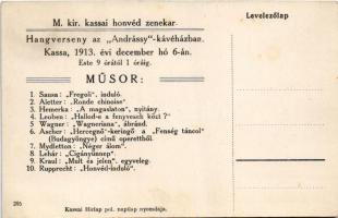 Kassa, Kosice; Andrássy Nagy Kávéház, Fehér utcai rész, belső. Hátoldalon M. kir. kassai honvéd zene...