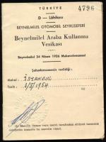 1954 Törökország, nemzetközi jogosítvány (vezetői engedély) Pauker Árpád részére, fényképes / Turkis...