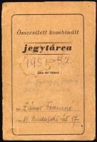 cca 1951-1952 Összesített kombinált jegytárca, benne különféle élelmiszerjegyek, sérült