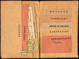 cca 1951-1952 Összesített kombinált jegytárca, benne különféle élelmiszerjegyek, sérült