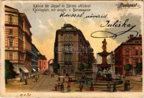 1902 Budapest VIII. Kálvin tér, József és Baross utca, villamos, szökőkút, gyógyszertár. litho (kis ...