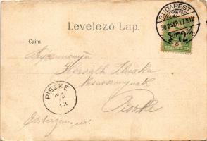 1902 Budapest VIII. Kálvin tér, József és Baross utca, villamos, szökőkút, gyógyszertár. litho (kis ...