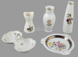 5 darab porcelán tárgy, közte 2 Hollóházi váza, m: 14 cm alatt