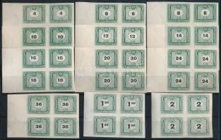 1953 50 éves a magyar portóbélyeg vágott sor 12 db klf értéke ívszéli vágott 4-es tömbben