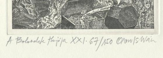 Orosz István (1951-): A Bolondok Hajója XXI. Rézkarc, papír, jelzett és számozott (67/150). 11x11 cm