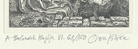 Orosz István (1951-): A Bolondok Hajója VI. Rézkarc, papír, jelzett és számozott (68/150) a paszpart...