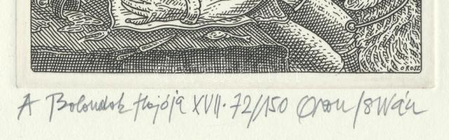 Orosz István (1951-): A Bolondok Hajója XVII. Rézkarc, papír, jelzett és számozott (72/150). 11,5x11...