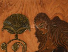 Szecessziós stílusú rézlemez kép fa lapon, 50x32 cm