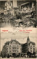 1910 Nagyvárad, Oradea; Fekete Sas szálloda és kávéház, belső, pincérek, villamos. Rákos könyvnyomda...