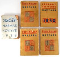 5 db könyv: Az Est hármaskönyve 1936. + A Pesti Hírlap naptára 1937., 1938., 1939. + Légrády Testvér...
