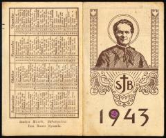1943 Szalézi Művek Rákospalota kinyitható kártyanaptár, Don Bosco-ny., kinyitva: 12x14 cm