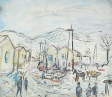 Jelzés nélkül: Járókelők. Vegyes technika, papír. Feltekerve. Hajtásnyomokkal. 43x50 cm