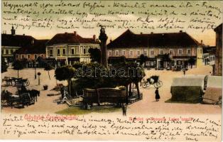 1906 Érsekújvár, Nové Zámky; Kossuth Lajos tér, Malinszky Rezső, Komáromi üzlete, piac. Adler József...
