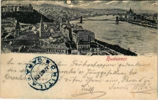 1898 Budapest I. Kilátás a Gellérthegyről, Tabán, Döbrentei tér, Királyi vár, Lánchíd este holdfényb...
