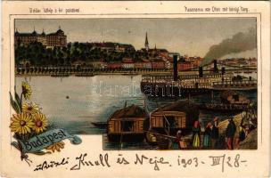1903 Budapest I. Budai látkép a királyi palotával, vár, pesti rakpart. Art Nouveau, litho (EK)