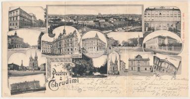 Chrudim, 3-tiled folding panoramacard. Art Nouveau, floral (wet damage)
