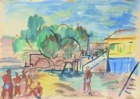 Jelzés nélkül: Strandolók. Akvarell, papír, feltekerve, hátoldalán paszpartuzás nyomaival, 43x61 cm